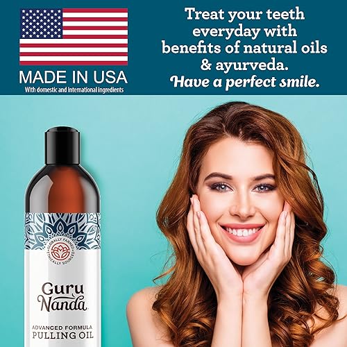 GuruNanda Advanced Oil Pulling with Tongue Scraper Inside The Box - Natural Alcohol Free Mouthwash with Coconut Oil, Vitamins D & E - Supports Healthy Gums, Teeth Whitening & Fresh Breath (8 Fl Oz)