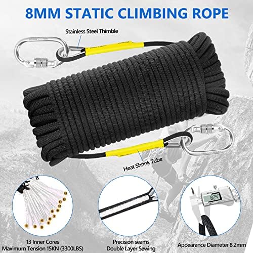 NTR Orange/Black/Blue/Green Climbing Rope 10M(32ft) 20M(64ft) 30M(96ft) 50M(160ft), 8MM Static Rock Climbing Rope with 2 Steel Hooks, Rappelling Rope for Outdoor, Hiking Safety Escape Rope
