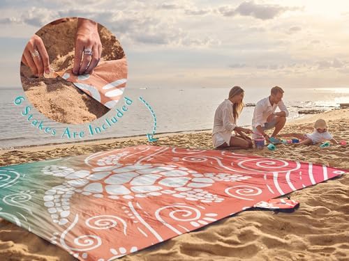 WEKAPO Beach Blanket Waterproof Sandproof Oversized Extra Large Sand Free Beach Mat with Stakes, Storage Bag - Essentials for Outdoor Beach, Picnic (Sea Turtle, 8 X 7 FT (1~4 Person))