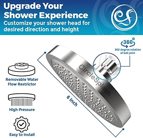 High Pressure Shower Head - Anti-Clogging Silicone Nozzles - 2.5 GPM Removable Restrictor - Easy to Clean Adjustable Replacement - easy to install with Plumbers Tape - 6 inch - Classic Chrome Finish