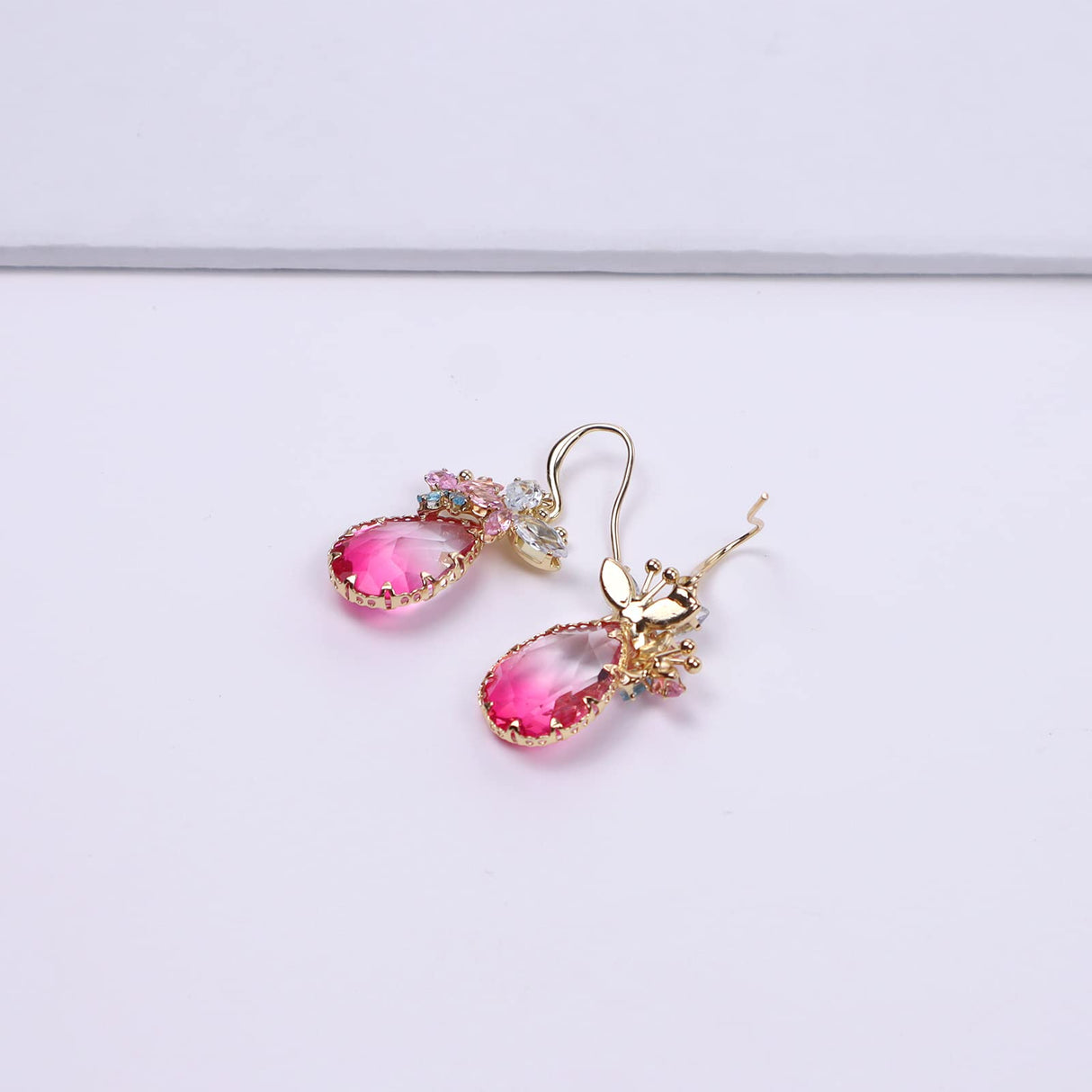 JA.S.JR Pink Crystal Teardrop Earrings CZ Butterfly Earrings Gold Dangle Earrings Jewelry Gift for Women
