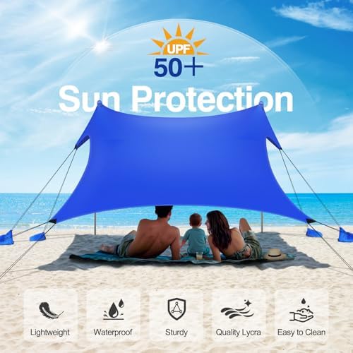 Rhino Valley Beach Tent Sun Shelter, 10x10FT Beach Canopy Tent Sun Shade UPF50+ Protection with 8 Sandbags 4 Stability Poles, Outdoor Beach Shade Canopy 6-8 People for Beach Camping Fishing