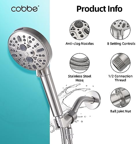 Cobbe Handheld Shower Head with Filter, High Pressure 9 Spray Mode Showerhead Built-in Power Wash with Hose, Bracket and Water Softener for Hard Water Remove Chlorine, Brushed Nickel