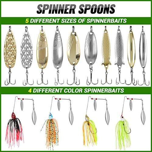 PLUSINNO Fishing Lures Baits Tackle Including Crankbaits, Spinnerbaits, Plastic Worms, Jigs, Topwater Lures, Tackle Box and More Fishing Gear Lures Kit Set, 102/302Pcs Fishing Lure Tackle