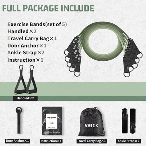 VEICK Resistance Bands, Exercise Bands, Workout Bands Set for Working Out with Handles for Men Women, Elastic Exercising Bands for Fitness Weights Work Out at Home Gym