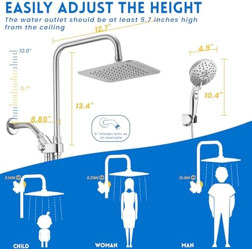 Dual Shower Head Combo, 8'' High Pressure Rain Shower Head with Handheld Spray, 6 Settings Handheld Showerhead, 15" Height Adjustable Slide Bar, Angle Adjustable, Chrome Polished