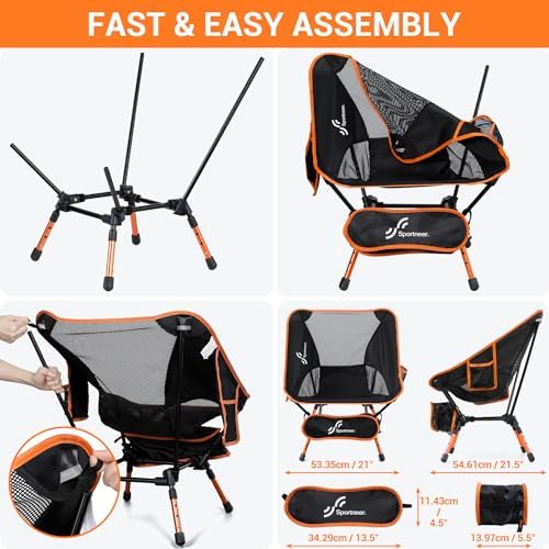 Sportneer Camping Chairs: 3 Heights Adjustable Folding Chairs for Outside with 2 Side Pockets - Compact & Portable Lawn Chairs for Backpacking, Camping, Hiking, Picnic and Travel (2, Orange)