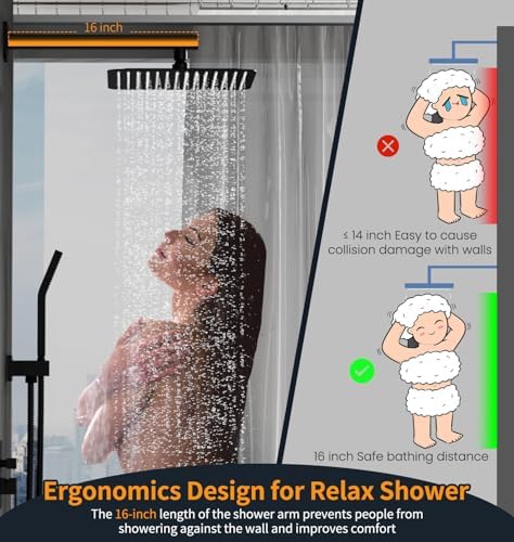 SR SUN RISE 12 Inches Matte Black Shower System 12 Inch Brass Bathroom Luxury Rain Mixer Shower Combo Set Wall Mounted Rainfall Shower Head System Shower Faucet Rough-in Valve Body and Trim Included