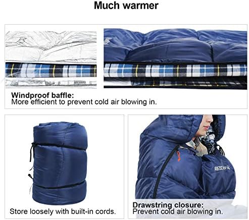 REDCAMP Flannel Sleeping Bag for Adults, Comfortable Cotton Sleeping Bags for Camping with Detachable Hood, Red/Grey/Blue
