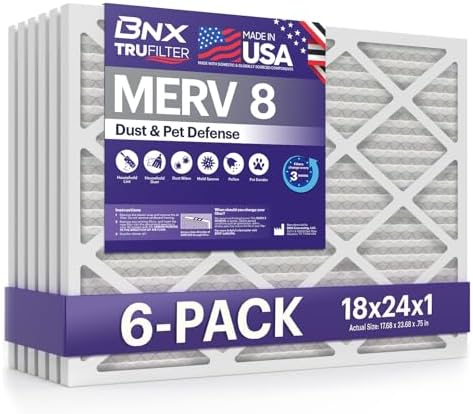 BNX TruFilter 18x24x1 Air Filter MERV 8 (6-Pack) - MADE IN USA – Dust & Pet Defense Electrostatic Pleated Air Conditioner HVAC AC Furnace Filters for Dust, Pet, Mold, Pollen MPR 600 – 700 & FPR 5
