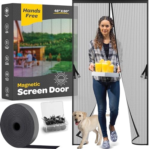 Hands-Free Magnetic Screen Door, Heavy Duty, Self Sealing Screen Door Mesh Protector, Pet and Kid-Friendly, Stay-Open Buckle, Keeps Bugs Out While Letting Nature in, Fits Door Size (48" x 80")