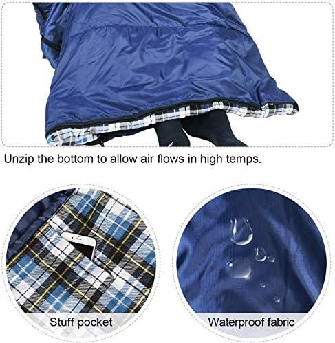 REDCAMP Flannel Sleeping Bag for Adults, Comfortable Cotton Sleeping Bags for Camping with Detachable Hood, Red/Grey/Blue