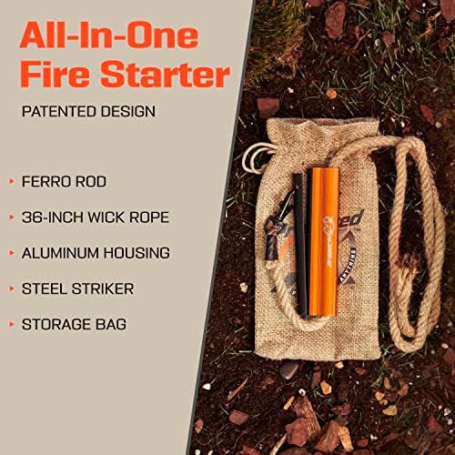Fire Starter Survival Tool - All-in-One Flint and Steel Fire Starter Kit - Ferro Rod Fire Starter with 36" Waterproof Tinder Wick Rope and Steel Fire Striker - Patented Firestarter | Prepared4X