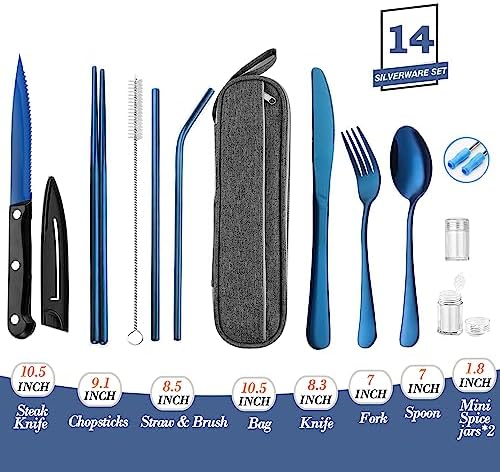 Portable Reusable Travel Utensils Silverware With Case, Camping Cutlery Set, Chopsticks and Straw, Flatware With Case, Stainless Steel Top (Blue)