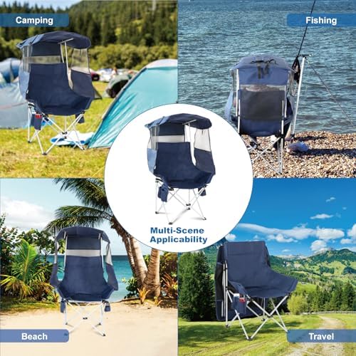 Folding Camping Chairs Canopy Outdoor: Sports Portable Beach Chair with Canopy-Lawn Beach Chairs with Umbrella for Adults-Camping Chair with Shade for Fishing Camp Heavy Duty (Regular, Navy Blue)