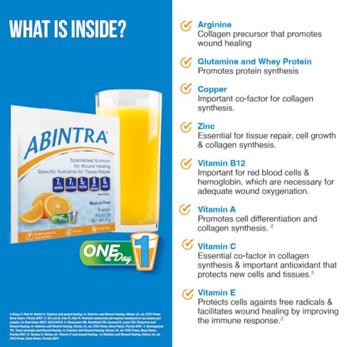 ABINTRA Specialized Wound Healing Nutritional Supplement includes L-Arginine, L-Glutamine, Whey Protein, Vitamins and Minerals, Orange Flavor, 6 Packets, 27g Each, Made in The USA