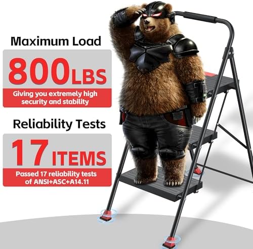 Step Ladder Foldable Folding Stool - for Home Adults Kitchen 3 Stepping Extension Tall Heavy Duty with Handrails - Closet Stepstool Stair Ladders Extendable Stepladder for Indoor House 800Lbs