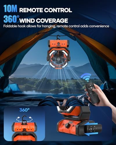 kejector Portable Camping Fan Rechargeable - 23000mAh 3-in-1 Battery Powered Fan with LED Lights, USB C, Auto Oscillating Portable Fan for Tents, Travel, BBQ, Fishing, Home, Office, Camper Essentials