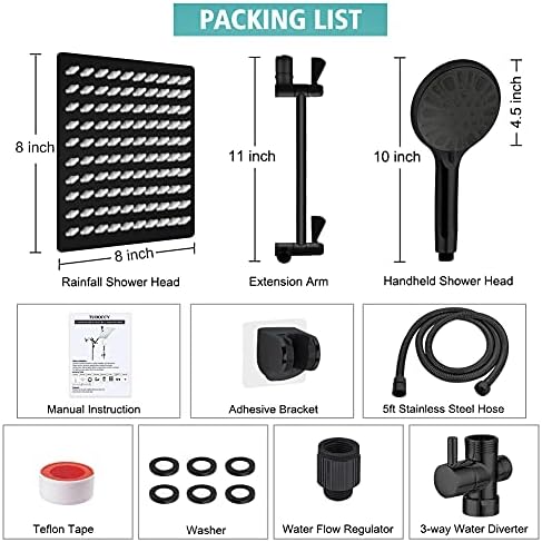 Shower Head, 8ββ High Pressure Rainfall/Handheld Shower Combo with 11'' Extension Arm, 9 Settings, Anti-leak Shower Head with Holder, Height/Angle Adjustable, Chrome, Matte Black