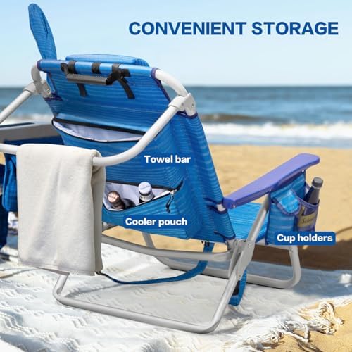 LEMBERI Backpack Beach Chair with Umbrella for Adults,1/2 Pack Folding Heavy Duty Camping Chair with Large Pockets and Cup Holder,Adjustable high Beach Lounge Chairs with Towel Rack (1, Navy Blue)