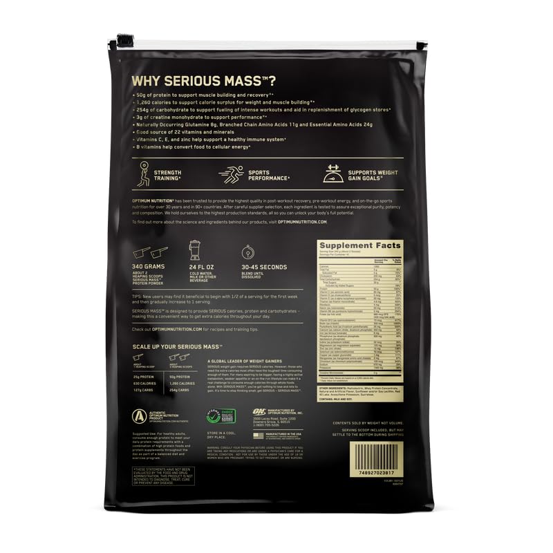 Optimum Nutrition Serious Mass, Weight Gainer Protein Powder, Mass Gainer, Vitamin C and Zinc for Immune Support, Creatine, Strawberry, 12 Pound (Packaging May Vary)