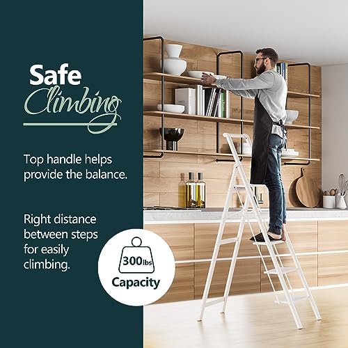 WOA WOA 5 Step Ladder, Ladders for Home, Anti-Slip Pedals, Aluminum Step Stool Foldable, Lightweight to Move, Ease of Storage, Reach 10ft for Closet Kitchen Library, Hold 300lbs - White