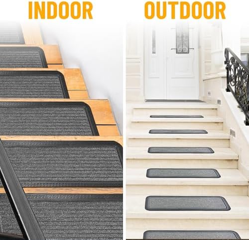Indoor/Outdoor Hose-Wash Striped Design Non-Slip Rubber 10" x 30" Modern Stair Treads for Stairs, Garage, Patio, 5 Pack, Gray