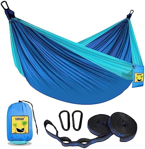 SZHLUX Camping Hammock Double & Single Portable Hammocks with 2 Tree Straps, Great for Hiking,Backpacking,Hunting,Outdoor,Beach,Camping,Dark Blue / Sky Blue