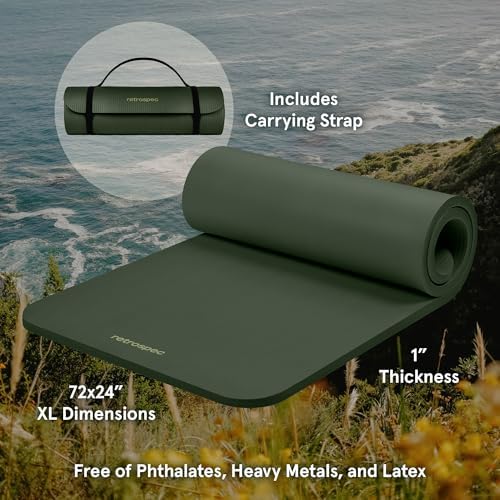 Retrospec Solana Yoga Mat 1" Thick With Nylon Carry Strap for Men & Women - Non Slip Exercise Mat for Home Yoga, Pilates, Stretching, Floor & Fitness Workouts