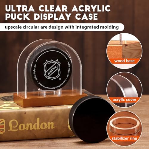 JupDec Hockey Puck and Collectibles Display Case, Premium Acrylic Clear Box Puck Holder with Mahogany Wood Base, Showcase for Autographed Souvenir Memorabilia, Collectible Figure Stand