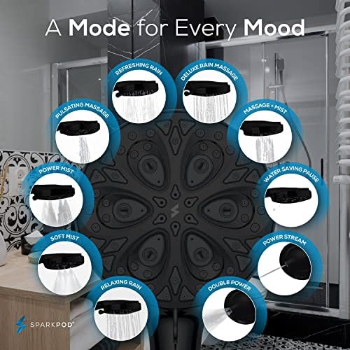 SparkPod 10-Mode Handheld Shower Head with Hose - 5" High Pressure Shower Head Set with Touch-to-Clean Nozzles, Built-In Power Jet, Stainless Steel 6ft Hose & Bracket (Midnight Black Matte)