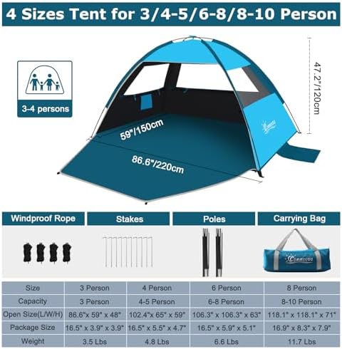 COMMOUDS Beach Tent Sun Shade for 3/4-5/6-7/8-10 Person, UPF 50+ Beach Sun Shelter Canopy Tent, Lightweight, Easy Set Up and Carry