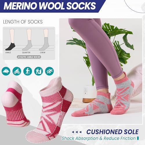 Eyean Merino Wool Ankle Running Socks Men Women Hiking Thick Half Cushioned Support No Show Socks 6 Pairs