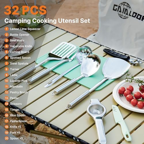 Camping Cooking Utensils Set Grilling Cookware Camp Kitchen Rotating Marshmallow Roasting Sticks BBQ Forks, Portable RV Camping Essentials Camper Must Haves for Cookouts Open Fire Pit