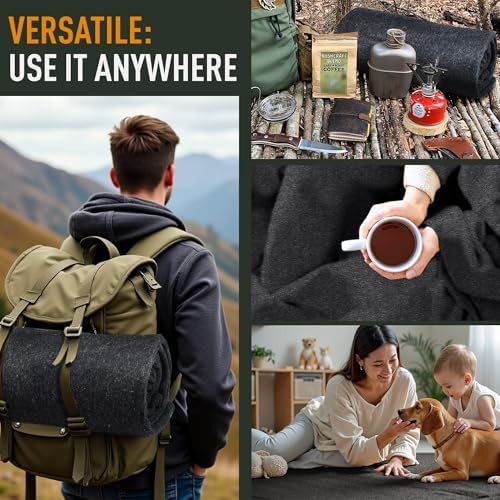 Large Military Wool Blanket - Warm & Thick Emergency Survival Blanket Great for Camping, Outdoors, Sports Events, Picnics, 4.5 lbs, 64" x 88" (Charcoal)