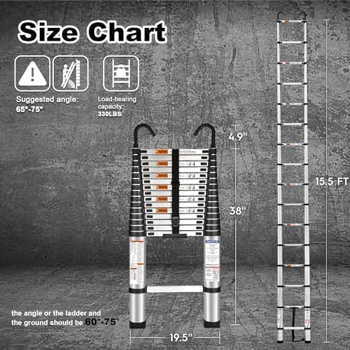 15.5 Ft Telescoping Ladder, SocTone Aluminum with Non-Slip Feet, 330lbs Max Capacity, Collapsible Ladder with Hooks for RV or Outdoor Work