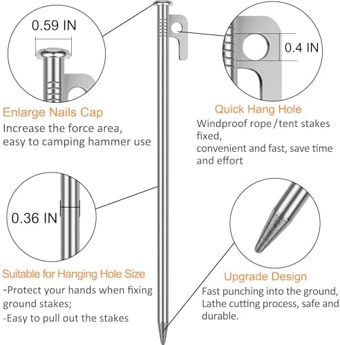 8 Pack Tent Stakes Heavy Duty 12 inch Steel Tent Pegs for Camping Unbreakable and Inflexible