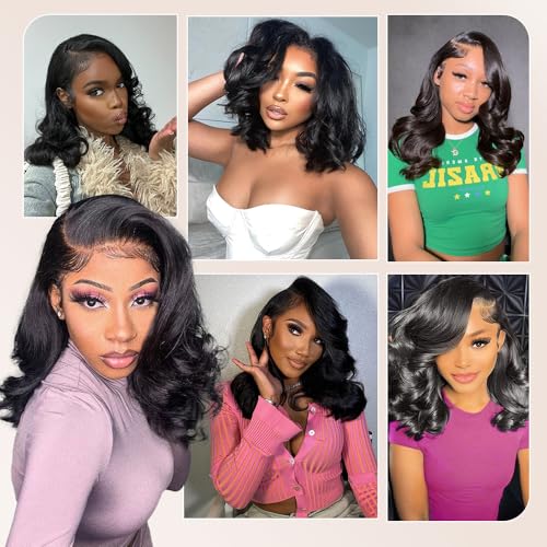 Devonia 14 Inch Bob Human Hair Wig 13x4 Body Wave Lace Front Wigs Human Hair Pre Plucked HD Frontal Lace Wig 180 Density Glueless Wigs for Women Bob Wigs Natural Black Color