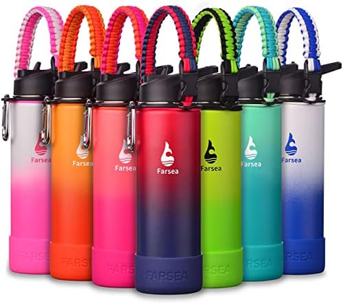 Farsea Insulated Water Bottle With Paracord Handle, Protective Silicone Boot and 2 Lids (Straw Lid & Spout Lid), Stainless Steel Water Bottle Wide Mouth, Double Wall Sweat-Proof BPA-Free, 24 oz