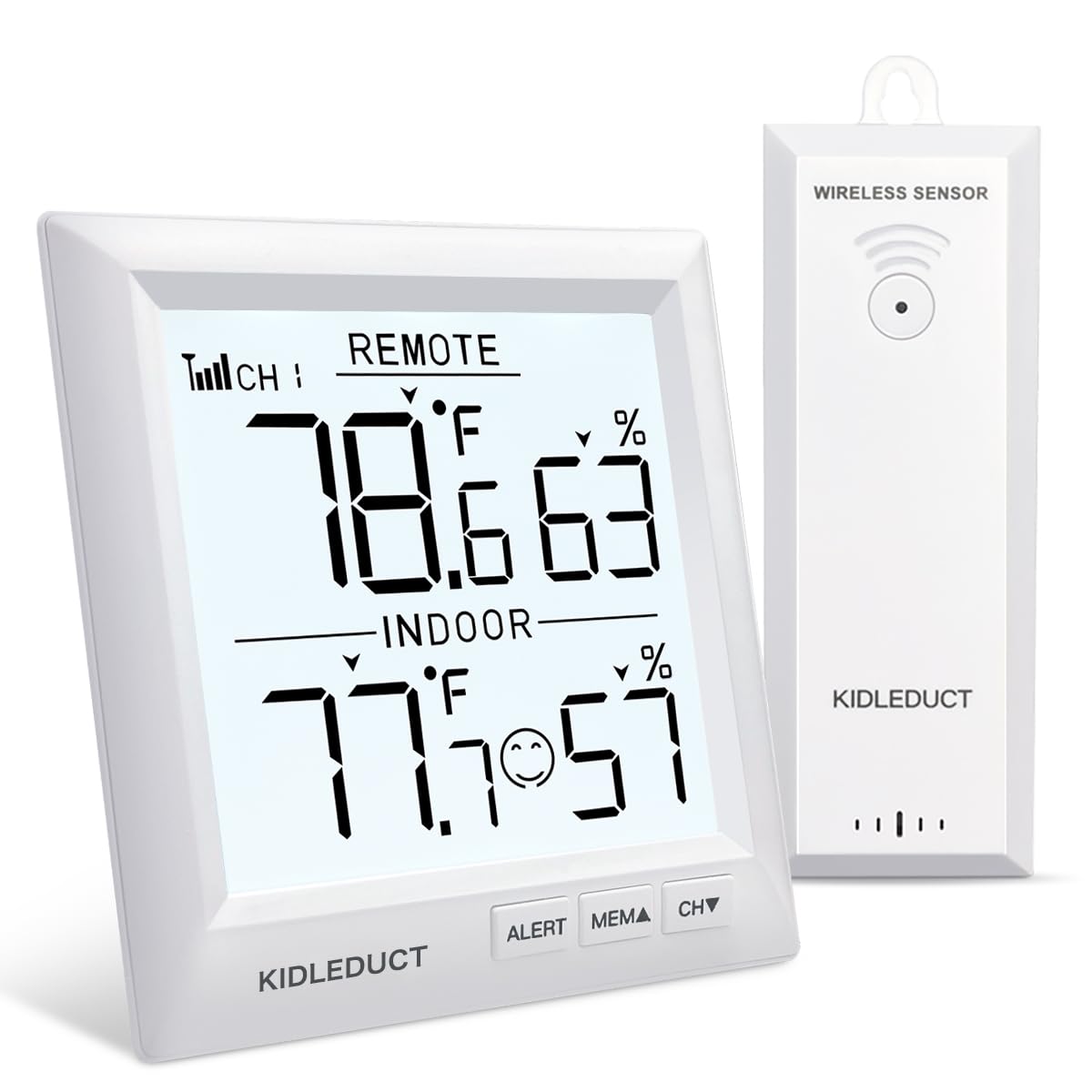 KIDLEDUCT Indoor Outdoor Thermometer Wireless Battery Powered, High Precision Inside Outside Humidity Temperature with Alert, Backlight Weather Thermometers with 1 Sensor, 330ft Wireless, White