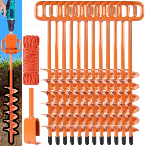 Tent Stakes for 2025, Ground Anchor Screw in, with 1PCS Tent Stakes Heavy Duty Adapter, for Heavy Duty Ground Stakes, Mobile Home Anchors, Anchors for Tent, Ground Screw Orange(12PCS,15in)