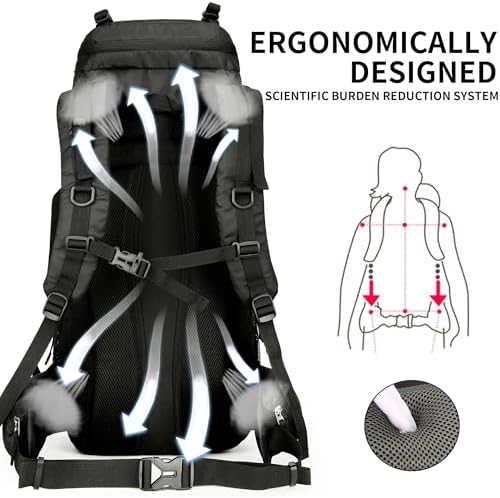 King'sGuard 60L Hiking Backpack Men Women Camping Backpack Waterproof Backpacking Mountaineering Climbing Daypack with Rain Cover (Black)