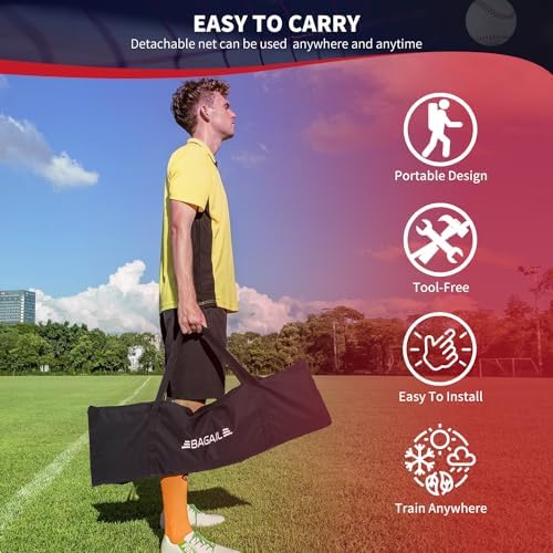 BAGAIL 7x7 ft Baseball & Softball Practice Net with Bow Frame for Batting, Hitting, Pitching, Portable Baseball Throwing Net with 2 Strike Zone Batting Tee, Carry Bag, Great for All Levels