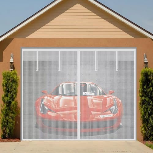 Magnetic Garage Screen Door for 1 Car Garage Doors up to 9x7FT- Reinforced Self Sealing Fiberglass Mesh Door Screen with 4 Strapping Tapes, Hands Free Door Screen with Closure Weighted Bottom, White