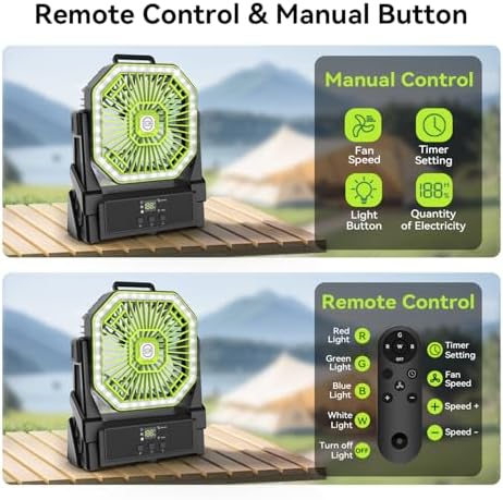 Portable Battery Powered Fan with 4 Lights, 20000mAh Battery Operated Fans with Remote, Outdoor Camping Fan Rechargeable, 4 Speed, 4 Timer for Picnic, Barbecue, Fishing, Home