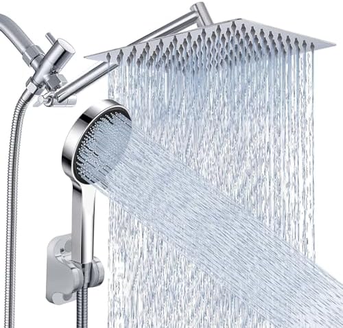 Shower Head, Rain Shower Head with Handheld Spray Combo, 10 Inch Adjustable High Pressure Rainfall Shower Head, Dual Showerhead Set with Extension Arm and 60 Inch Long Shower Hose (Silver)