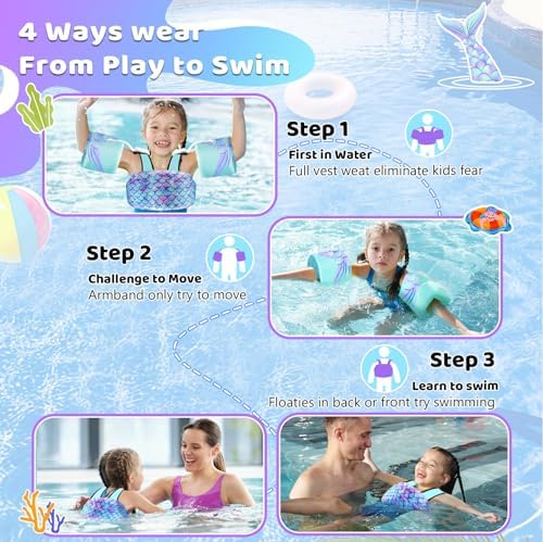 Vvinca Separable Toddler Swim Vest Fit 22-66 Lbs(1-6 Years)|2025 Newest 3 in 1 Pool Float & Arm Bands Boys and Girls, Adjustable Sturdy Safety for Infant 1 2 3 4 5 6 Year