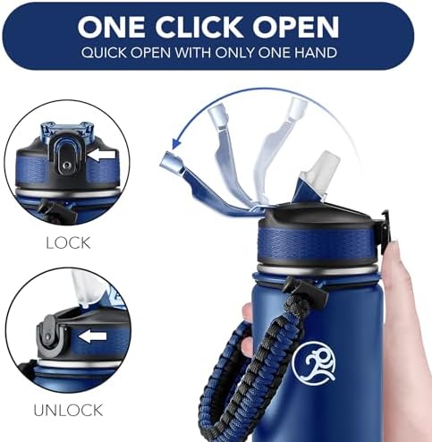 GOSWAG Insulated Sports Water Bottle, 24oz 2 Lids(with Straw/No Straw), Stainless Steel Water Bottles with Paracord Handle, Insulated Thermos with Double-Wall Vacuum Insulation
