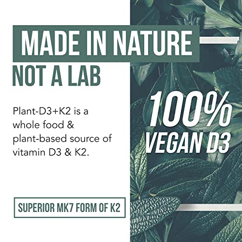 Organic Plant D3 + K2 | 5000 iu D3 + 120 mcg K2 as All-Trans MK7 from MenaQ7® - 100% Whole Food, Raw & Vegan | Enhanced Digestion with Prebiotic & Superfood Complex – D3 from Organic Algae (60 Count)