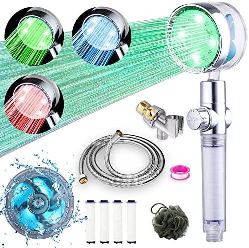 ANTOWER LED Shower Head with Handheld High Pressure Shower Heads Set with 79 Inch Shower Hose,Shower Holder,4 PP Cotton Filters,Turbo Fan Shower Water Temperature-Controlled One Key Pause Switch